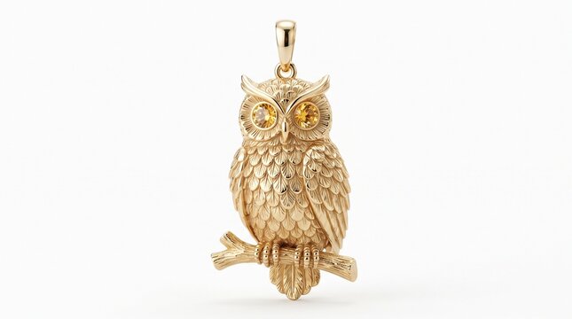 Vintage gold owl pendant with citrine eyes, ornate bird jewelry on branch, elegant 14k gold animal necklace charm isolated PNG with Transparent Background