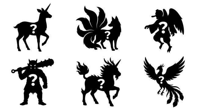 Set of black silhouette mystery creature icons with question marks, fantasy beasts and mythological characters for gaming mystery unlock, lore and