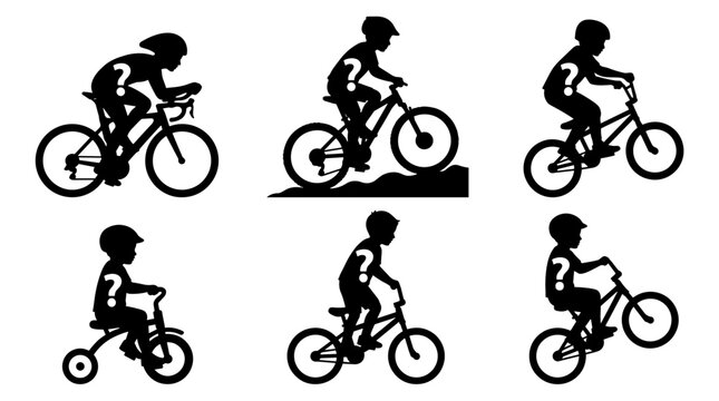 Set of black silhouettes featuring children riding different bicycles, racing, mountain biking, active lifestyle, recreation, summer sport, outdoor