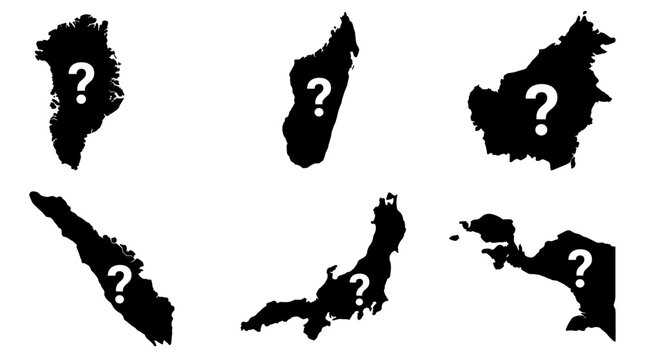 Set of black silhouette maps with question marks, representing mystery, unknown geography, exploration, missing locations, navigation, data