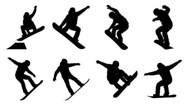 Set of silhouettes of snowboarders performing dynamic jumps and maneuvers, winter extreme sports, snowboard action poses, active lifestyle