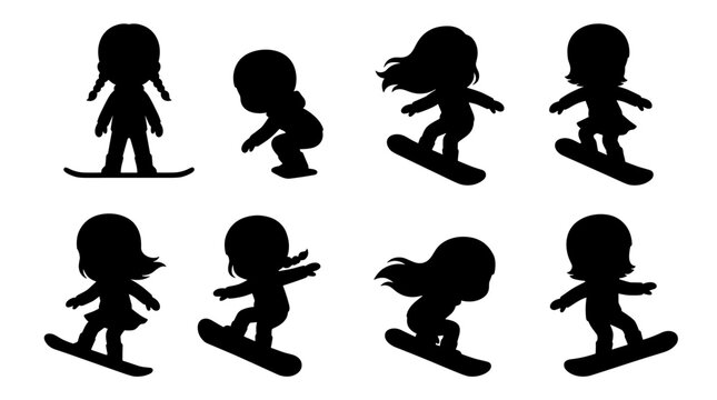 Set of black snowboarder silhouettes, collection of various winter sport poses, extreme snowboarding action, movement and athleticism, vector icons