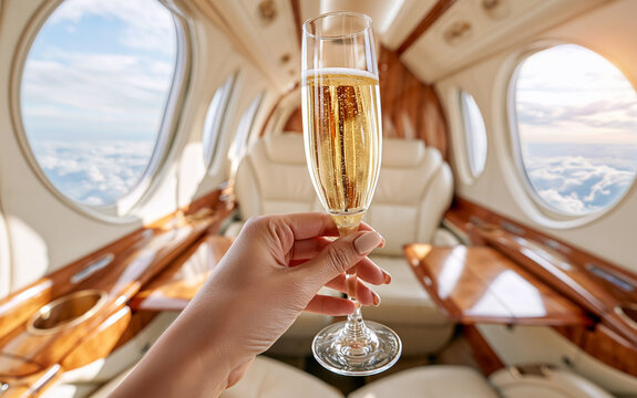 A hand holding a champagne flute inside a private jet. The champagne is bubbly and the interior is luxurious
