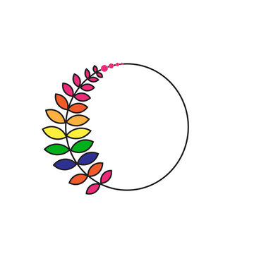 Colorful rainbow leaf border, circular badge design with multicolor foliage and black outline, floral divider illustration, decorative leaf frame on white background