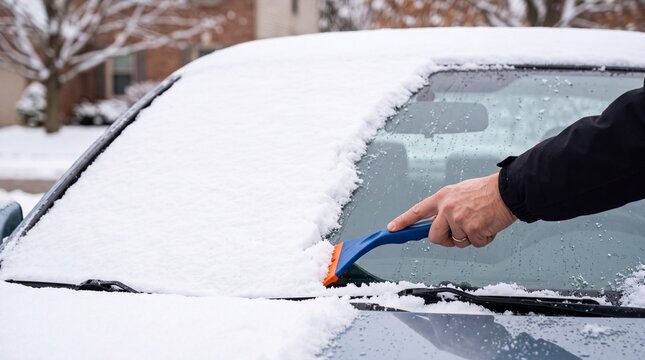 Hand removing thick snow from car windshield using blue ice scraper tool in winter