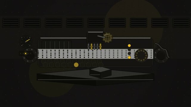 Abstract animated teleprinter punching holes into tape drawn as yellow and gold lines and shapes on a deep dark background. Seamless looping 4K motion graphics video with free space for text, ideal fo