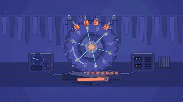 Abstract animated chords turning on a harmonic wheel drawn as blue and cyan lines and shapes on a deep dark background. Seamless looping 4K motion graphics video with free space for text, ideal for ti