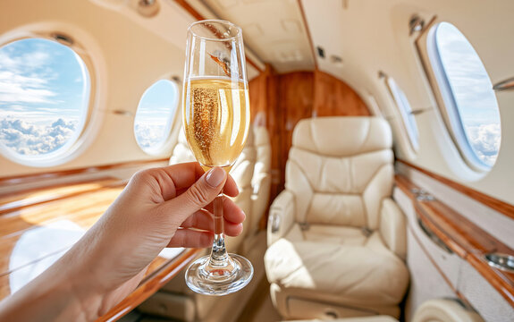 A hand holding a champagne flute inside a private jet. The champagne is bubbly and the interior is luxurious