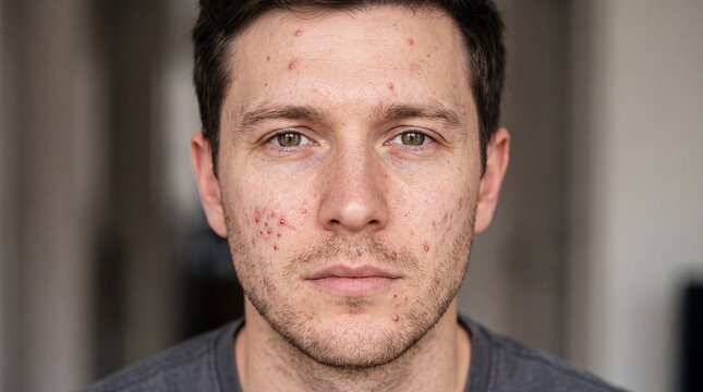 Front view portrait of man with severe acne breakouts and red pimples on face