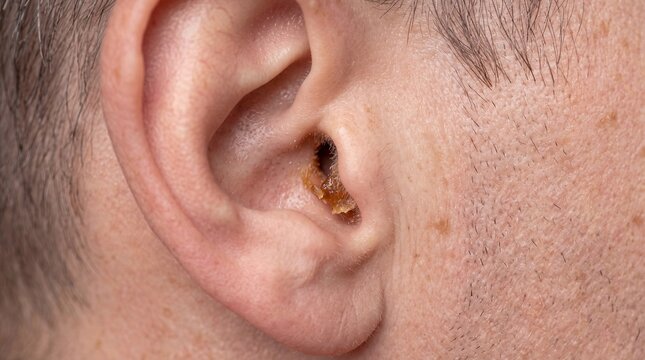 Close up view of man ear showing severe earwax impaction and blockage in canal