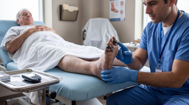 Doctor examining diabetic foot ulcer showing severe necrotic tissue and black gangrene on elderly patient toes