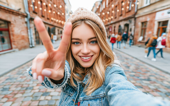 A young woman with a beanie and denim jacket takes a selfie in a brick-lined street with string lights