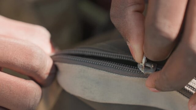 Close up of hands unzipping small fabric pouch with visible texture. action focuses on interaction between fingers and zipper emphasizing manual dexterity. Soft lighting highlights skin
