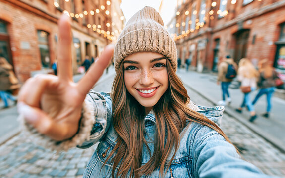 A young woman with a beanie and denim jacket takes a selfie in a brick-lined street with string lights