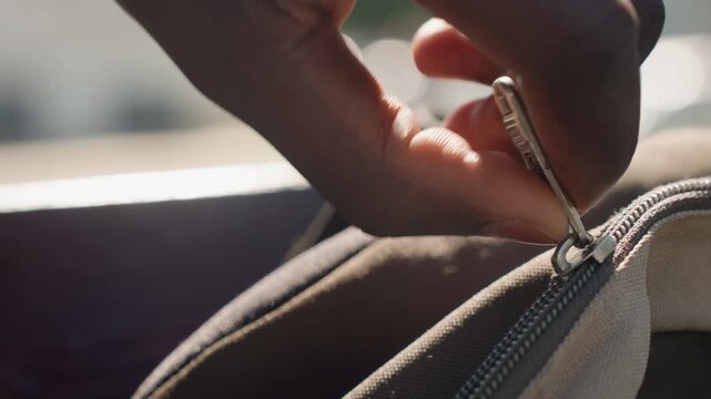 Close up of person hands unzipping opening on fabric material. action is performed steadily with visible texture detail and soft lighting focusing solely on hand movement over time