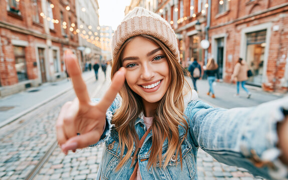 A young woman with a beanie and denim jacket takes a selfie in a brick-lined street with string lights