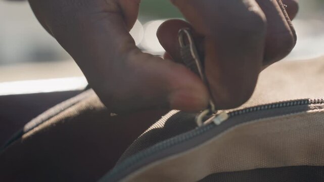Close up of hands unzipping fabric bag with sunlight illuminating texture and stitching. action focuses on opening outdoor style pouch revealing its beige canvas material against soft