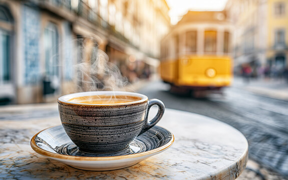 A steaming cup of espresso sits on a table outside a cafe on a cobbled street, with a vintage tram passing by in the background, capturing a moment of urban charm and relaxation