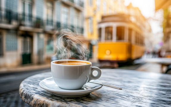 A steaming cup of espresso sits on a table outside a cafe on a cobbled street, with a vintage tram passing by in the background, capturing a moment of urban charm and relaxation