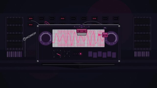 Abstract animated speech parsed from a waveform drawn as coral and magenta lines and shapes on a deep dark background. Seamless looping 4K motion graphics video with free space for text, ideal for tec