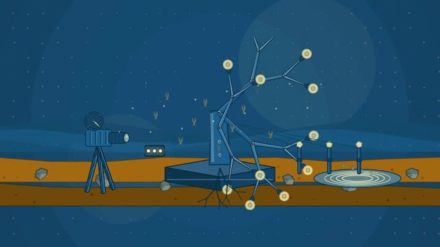 Abstract animated family tree branching across generations drawn as blue and cyan lines and shapes on a deep dark background. Seamless looping 4K motion graphics video with free space for text, ideal 