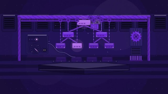Abstract animated sentence lifting into a syntax tree drawn as violet and blue lines and shapes on a deep dark background. Seamless looping 4K motion graphics video with free space for text, ideal for