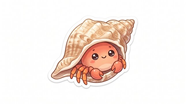 Cute cartoon hermit crab in seashell isolated on white background