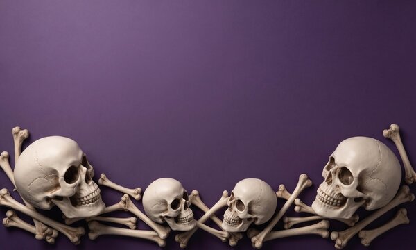 Halloween human skulls and bones border on purple background, spooky skeleton remains frame, macabre gothic death concept for party invitations