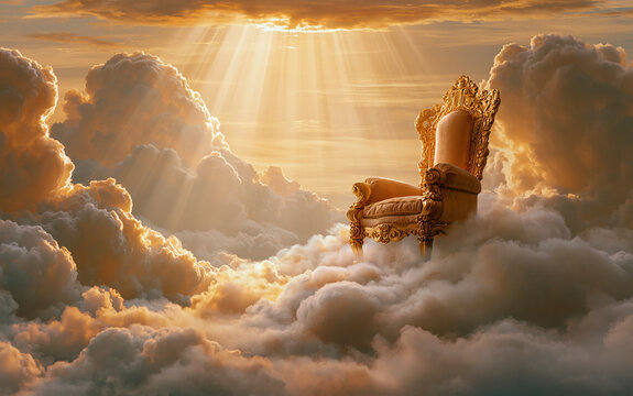 A majestic golden throne rests atop a pile of fluffy clouds, bathed in the radiant glow of heavenly light. The throne, intricately designed.