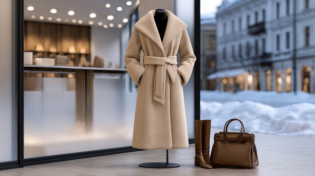 Elegant Winter Coat Display in Storefront Window