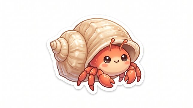 Cute cartoon hermit crab sticker with shell isolated on white