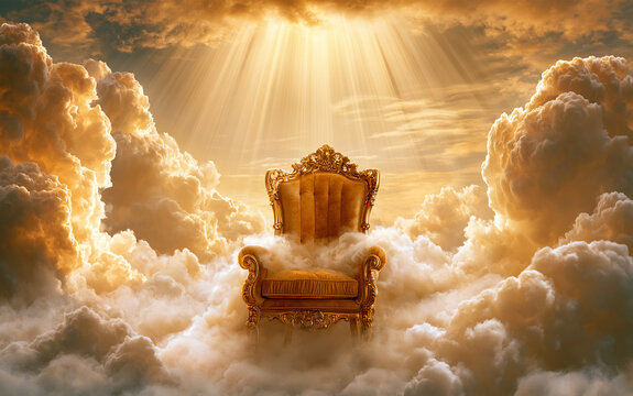 A majestic golden throne rests atop a pile of fluffy clouds, bathed in the radiant glow of heavenly light. The throne, intricately designed.
