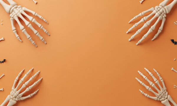 Halloween skeleton hands framing a blank orange background for text or design