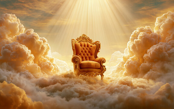 A majestic golden throne rests atop a pile of fluffy clouds, bathed in the radiant glow of heavenly light. The throne, intricately designed.