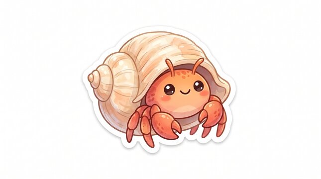 Cute cartoon hermit crab sticker with shell isolated on white