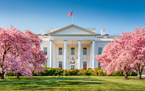 A majestic white building with grand columns and an American flag flying proudly against a clear blue sky, surrounded by blooming trees in springtime