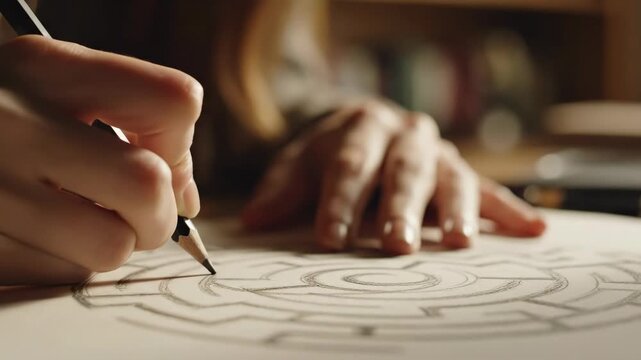 Close up of hands drawing complex circular maze on paper with pencil, creative process of solution searching and problem solving, detail shot of artistic endeavor and mental challenge