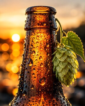 Beer Bottle with Fresh Hops at Sunset