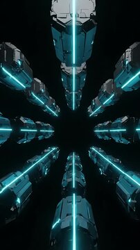 Futuristic Spacecraft Rotating and Transforming with Glowing Blue Energy Trails. Seamless Looping Animation for Sci-Fi Design.