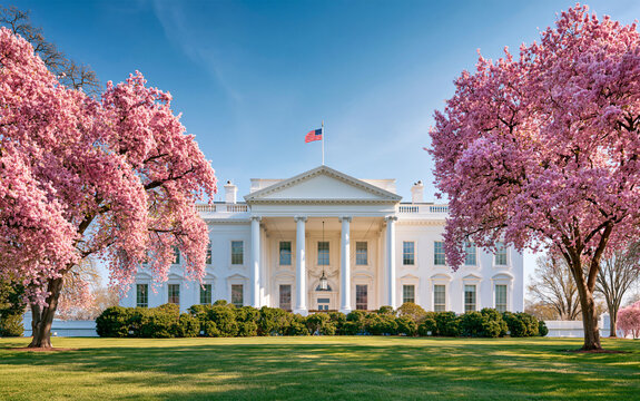 A majestic white building with grand columns and an American flag flying proudly against a clear blue sky, surrounded by blooming trees in springtime