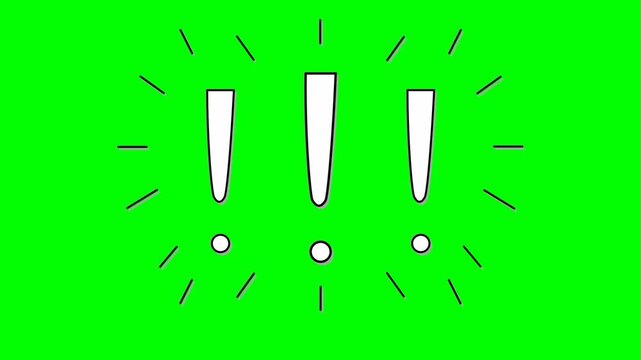Flashing white exclamation marks animation on green screen. 4K Video