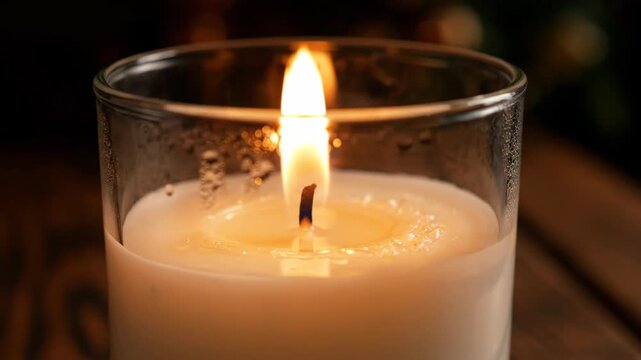 Detailed close up shot of lit white candle in clear glass holder with flickering flame, casting warm glow in dark room, creating cozy peaceful atmosphere for relaxation.