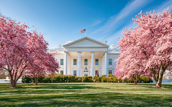 A majestic white building with grand columns and an American flag flying proudly against a clear blue sky, surrounded by blooming trees in springtime