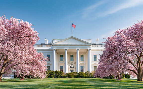 A majestic white building with grand columns and an American flag flying proudly against a clear blue sky, surrounded by blooming trees in springtime