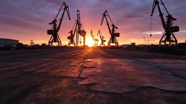 Dramatic sunset over busy industrial port with numerous large cranes silhouetted against a vibrant orange and purple sky, light reflecting on cracked ground surface