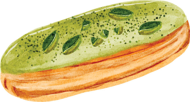 Watercolor Pistachio Green Eclair Pastry Illustration
