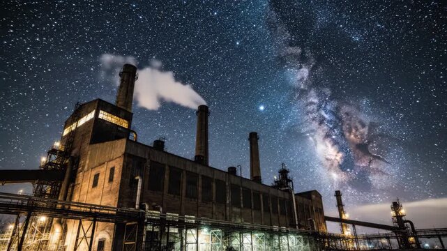 Industrial factory building with multiple smokestacks emitting smoke under a clear night sky filled with countless stars and the prominent Milky Way galaxy.