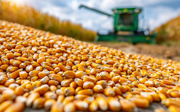 A pile of freshly harvested corn kernels in the foreground, with a combine harvester in the background during a sunny day