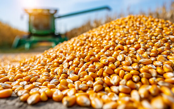 A pile of freshly harvested corn kernels in the foreground, with a combine harvester in the background during a sunny day