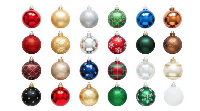 Collection of colorful christmas baubles for holiday tree decoration isolated on transparent background